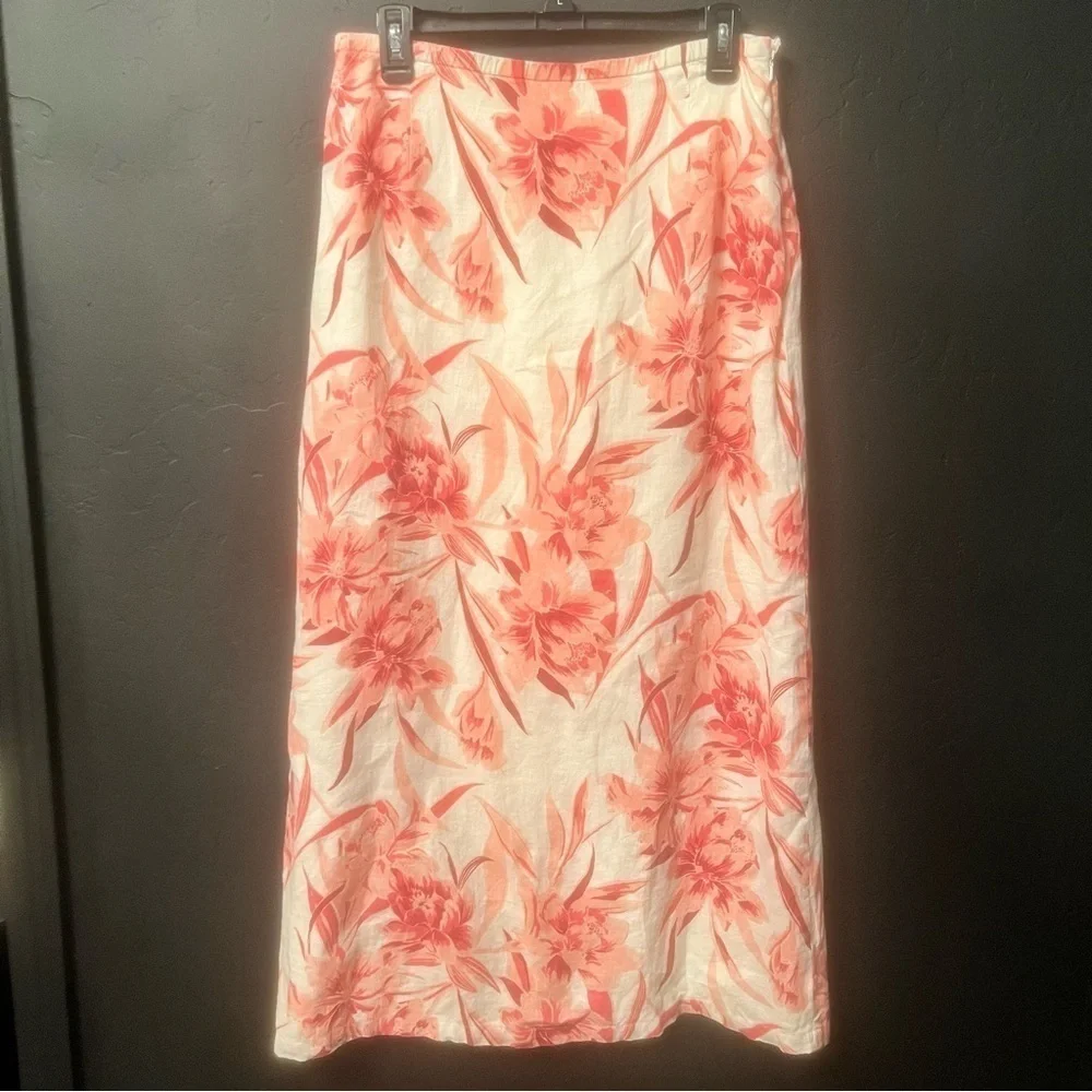 Amanda Smith 100% Linen Women SZ S Long SALMON PINK Floral A-Line